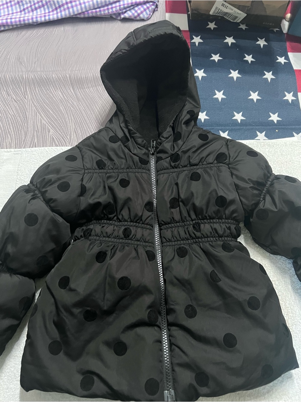 Old Navy Girls 4T Black Polka Dot Hooded Puffer Jacket Fleece Lined Winter Coat